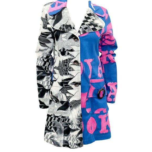 RARE 90s CUSTO BARCELONA Bold Graphic Print Color Block Trench Coat *STATEMENT* - Picture 1 of 11